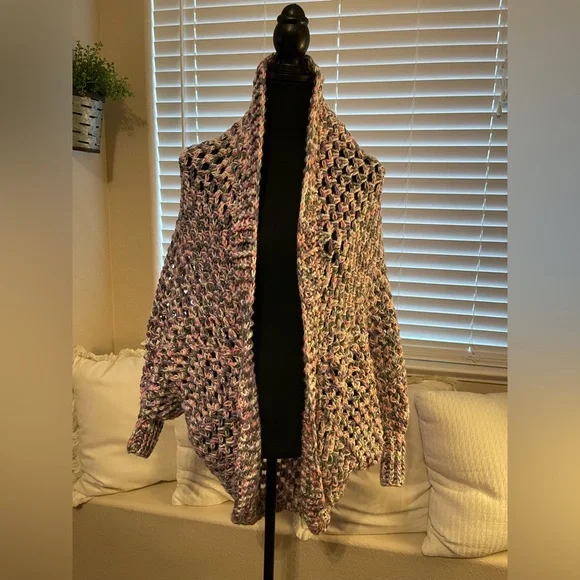 Handmade Crochet Oversized Shrug Cocoon Sweater Knit Cozy Wrap - Picture 2 of 8